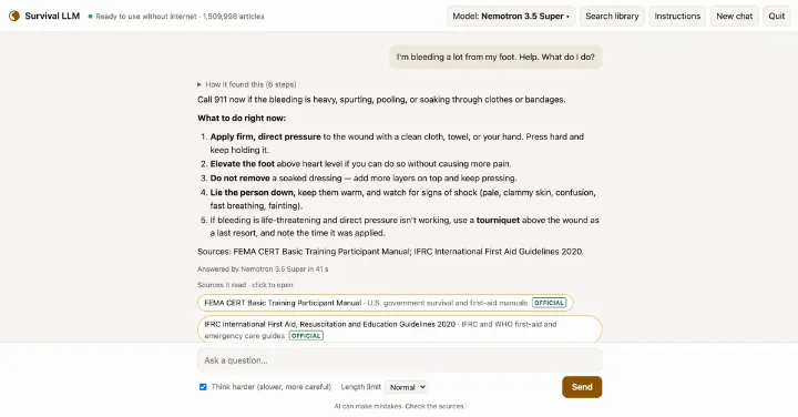 Image for: Survival LLM: AI assistant and emergency library that runs on your own computer